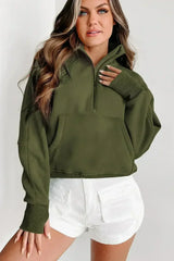Moss Green Quarter Zip Stand Neck Kangaroo Pocket Sweatshirt - Femstylo