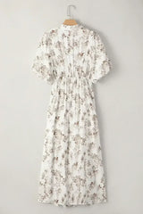 Khaki Floral Puff Sleeve V Neck Buttoned Front Maxi Dress - Femstylo