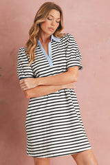 Black Stripe Collared Puff Sleeve Pocketed Mini Dress
