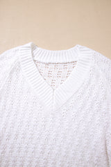 White Plain Knit Ribbed Edge V Neck Loose Sweater - Femstylo