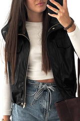 Black Double Flap Pocket Faux Leather Zip Up Stand Neck Vest