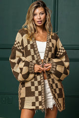 Taupe Colorblock Checked Open Front Knitted Cardigan