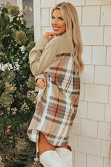Khaki Plaid Patchwork Long Sleeve Mini Dress with Pockets - Femstylo