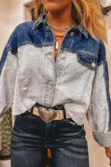 Dusk Blue Patchwork Flap Detail Distress Denim Jacket