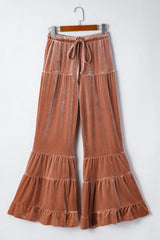 Straw Yellow Mineral Wash Lace-up High Waist Tiered Flared Pants