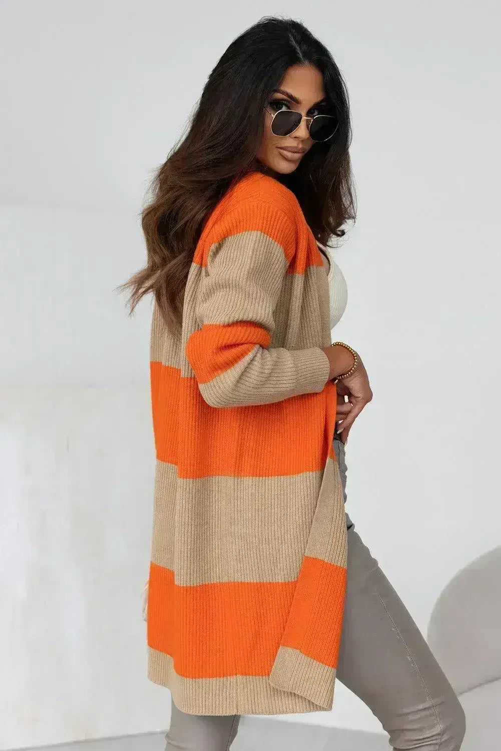 Orange Colorblock Ribbed Knit Cardigan - Femstylo