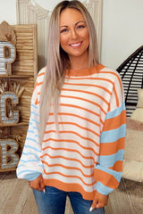 Orange Striped Colorblock Pullover Sweater