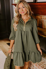 Jungle Green Quarter Zip Collar Bracelet Sleeve Textured Mini Dress