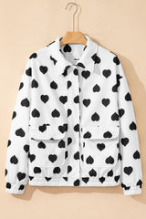 White Zipper Heart Print Collared Jacket