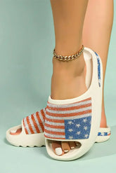 White Rhinestone American Flag Thick Sole Slides Shoes - Femstylo