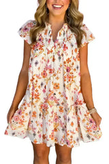 Apricot Floral Print Ruffled Trim Flutter Sleeve Mini Dress - Femstylo