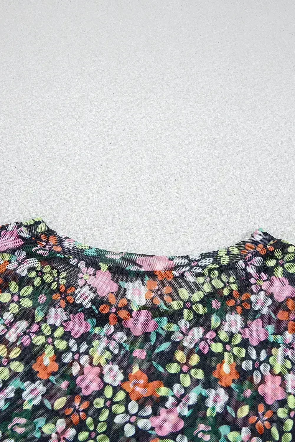 Black Sheer Mesh Floral Round Neck T Shirt with Camisole - Femstylo