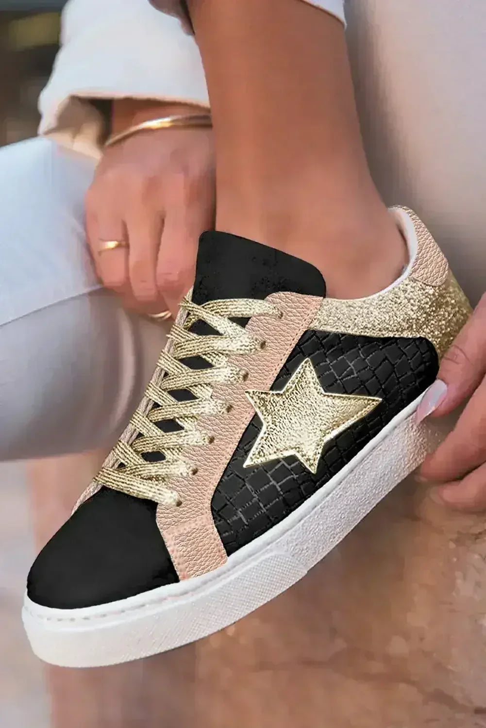 Gold Glitter Star Patchwork PU Leather Lace-up Sneakers - Femstylo