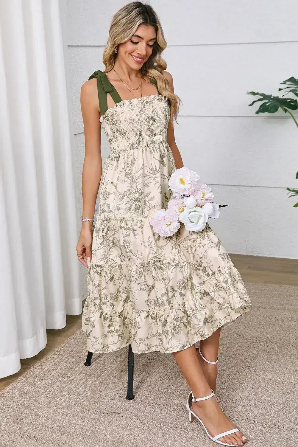 Green Floral Smocked High Waist Tiered Midi Dress - Femstylo