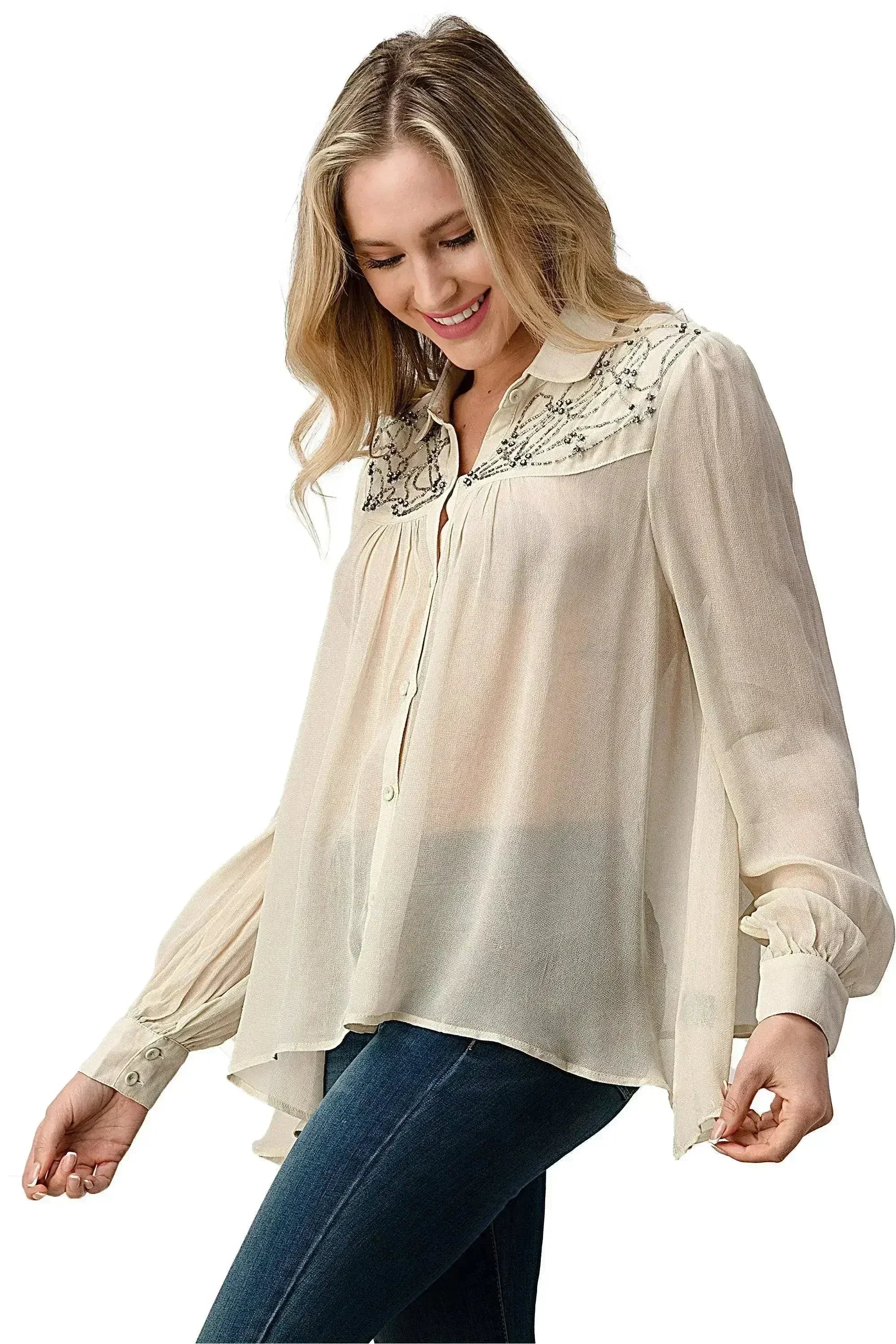 Embroidered Sheer Button-Up Blouse – Casual Elegance - Femstylo