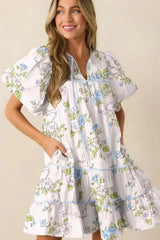 Pink Floral Striped Print Contrast Trim Tie Split Neck Mini Dress - Femstylo