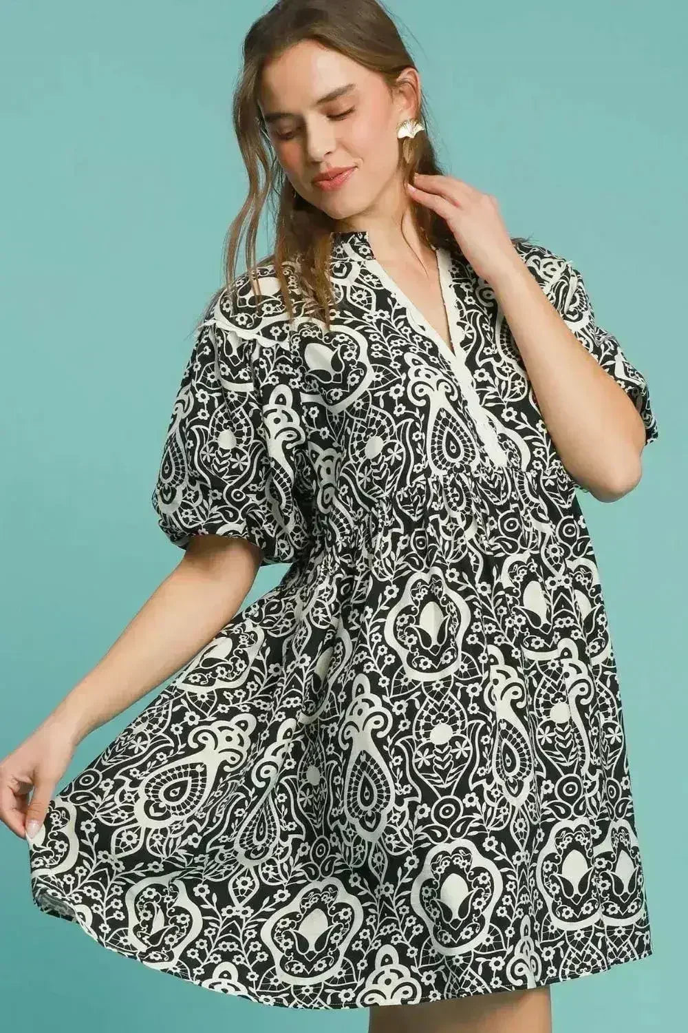 Umgee Full Size Abstract Print Puff Sleeve Dress Plus Size - Femstylo