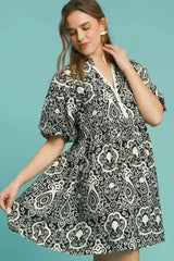 Umgee Full Size Abstract Print Puff Sleeve Dress Plus Size - Femstylo