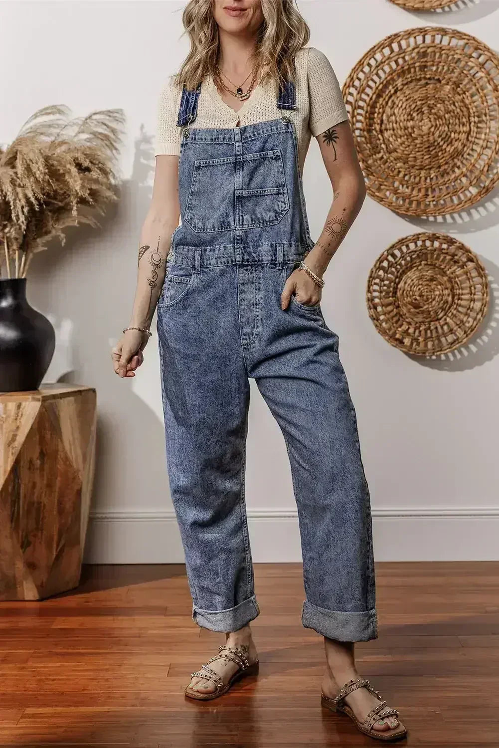 Sail Blue Straight Leg Pockets Denim Bib Overall - Femstylo