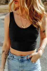Black Solid Color Ribbed Knit Crop Tank Top - Femstylo