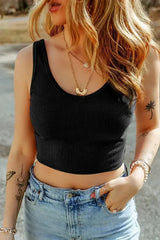 Black Solid Color Ribbed Knit Crop Tank Top - Femstylo