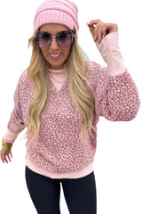 Pink Leopard Print Patchwork Crew Neck Sweatshirt