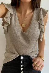 Khaki Cascading Ruffles Knit Tank Top - Femstylo