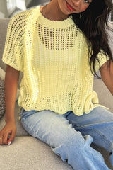 Pink Side Tie Hollow-out Crochet Knit Top