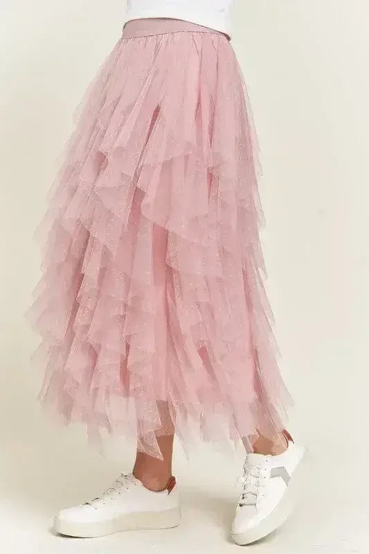 PLUS LAYER POLKA DOT MESH LINED A-LINE MIDI SKIRT - Femstylo