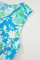 Green Floral Print Trimmed V Neck Sleeveless Vacation Dress - Femstylo