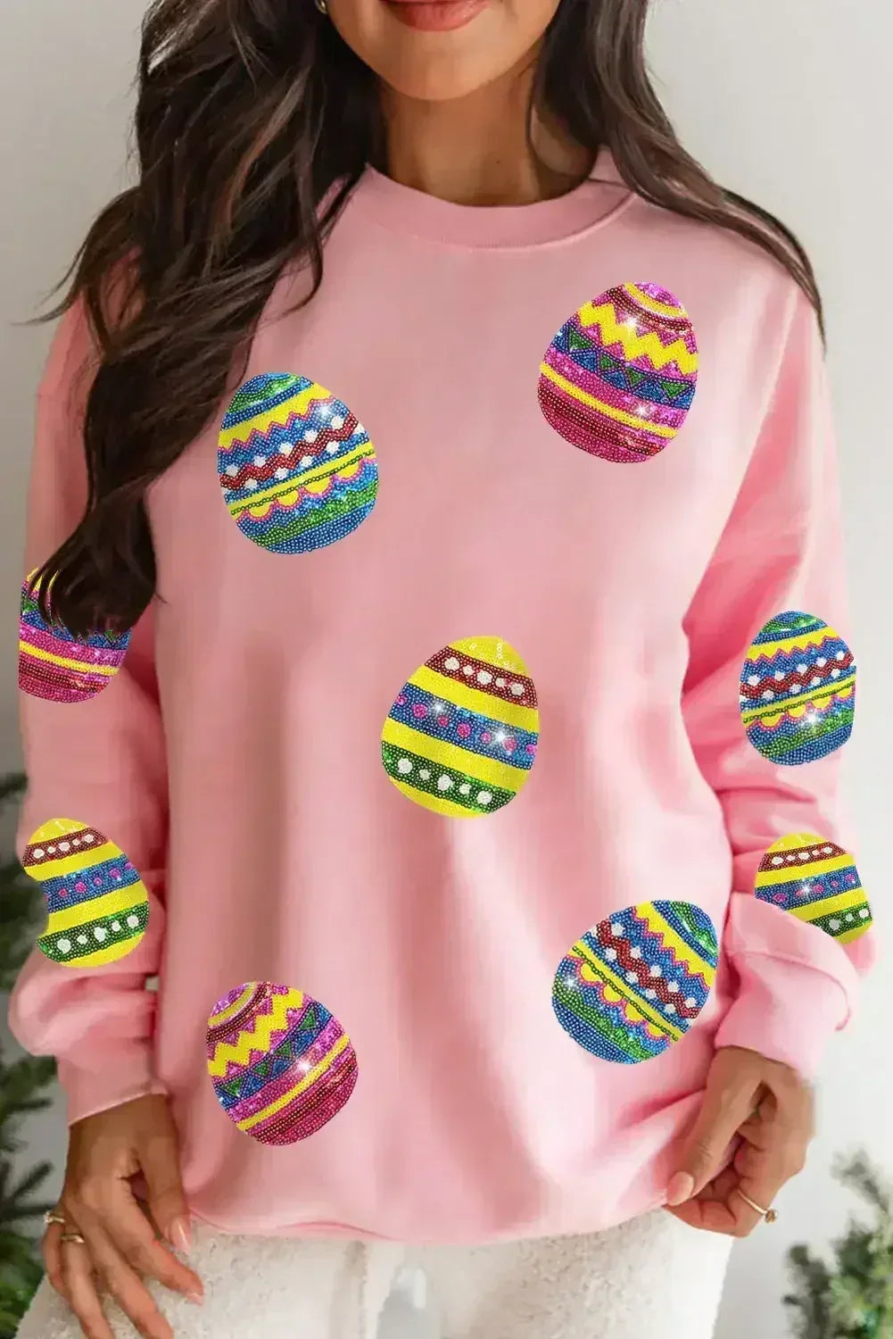 Pink Easter Sequin Egg Graphic Crew Neck Sweatshirt - Femstylo