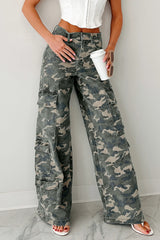 Green Camo Multi Pocket Cargo Wide Leg Jeans