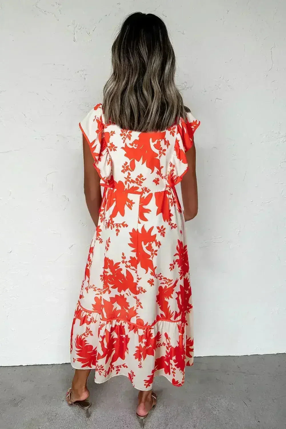 Red Floral Print Trimmed V Neck Ruffle Sleeve Maxi Dress - Femstylo