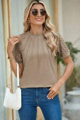 Pale Khaki Seamed Detail Contrast Lace Raglan Sleeve Tee - Femstylo