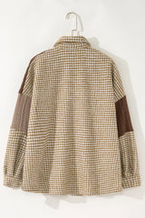 Khaki Houndstooth Patchwork Shacket | Fit Textured Jacket - Femstylo