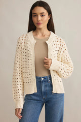 Beige Hollowed Pattern Knit Zip Up Drop Shoulder Cardigan