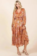 Mittoshop Flower Print Satin Lurex Stripe Smocked Midi Dress - Femstylo