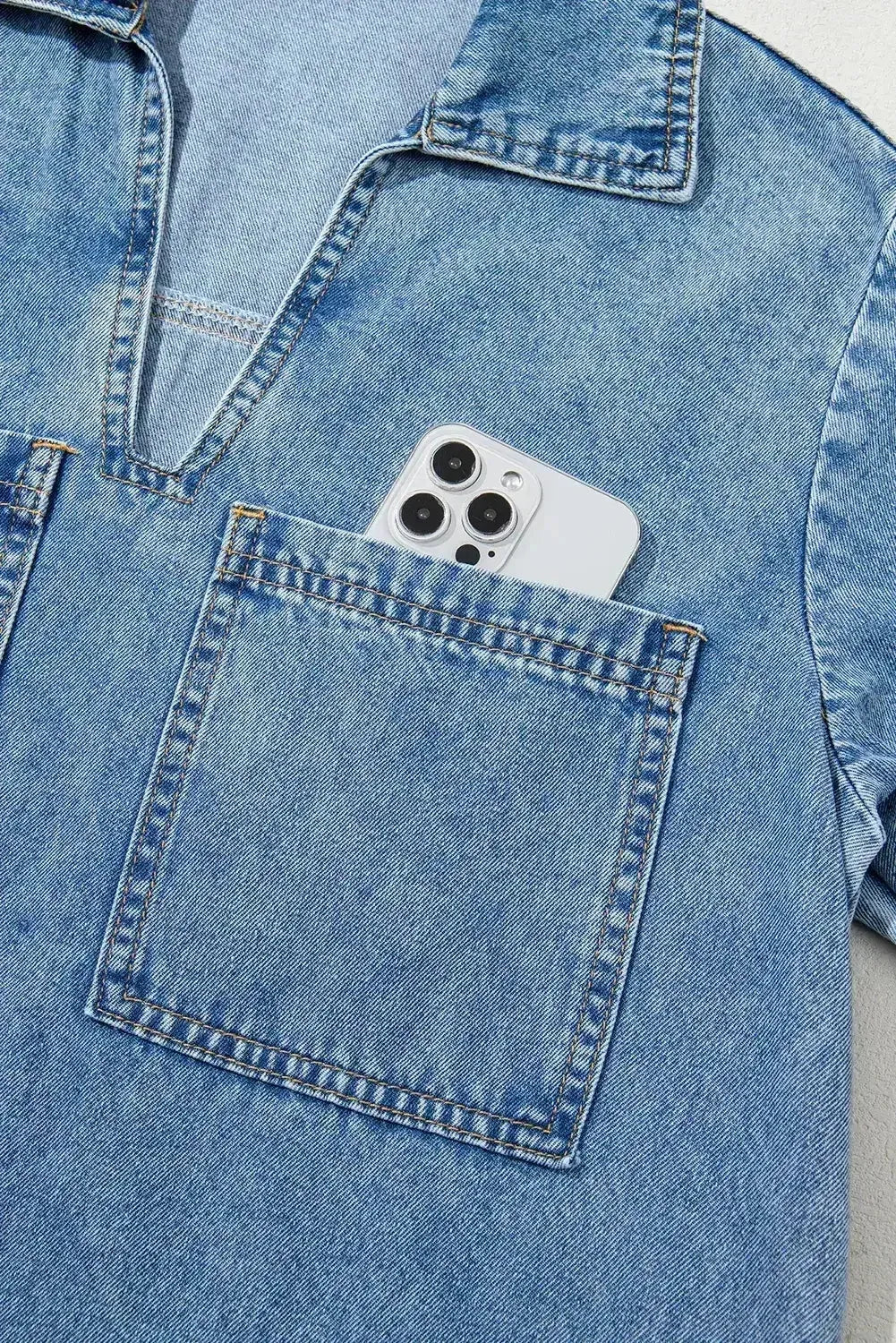 Beau Blue Short Sleeve Collared Chest Pocket Denim Mini Dress - Femstylo