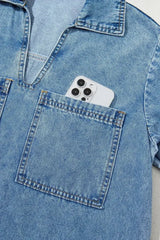 Beau Blue Short Sleeve Collared Chest Pocket Denim Mini Dress - Femstylo
