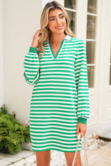 Green Pop of Color V Neck Striped Long Sleeve Mini Dress