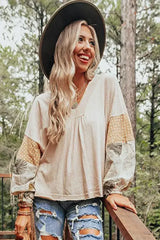 Puff Sleeve Patchwork Blouse - Tropical Print Top | Femstylo - Femstylo
