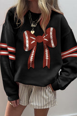 Black Varsity Baseball Bow Graphic Striped Sleeve Baggy Sweatshirt