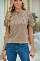 Pale Khaki Seamed Detail Contrast Lace Raglan Sleeve Tee - Femstylo