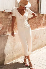 Beige V Neck Ruched Button Front French T-shirt Dress - Femstylo