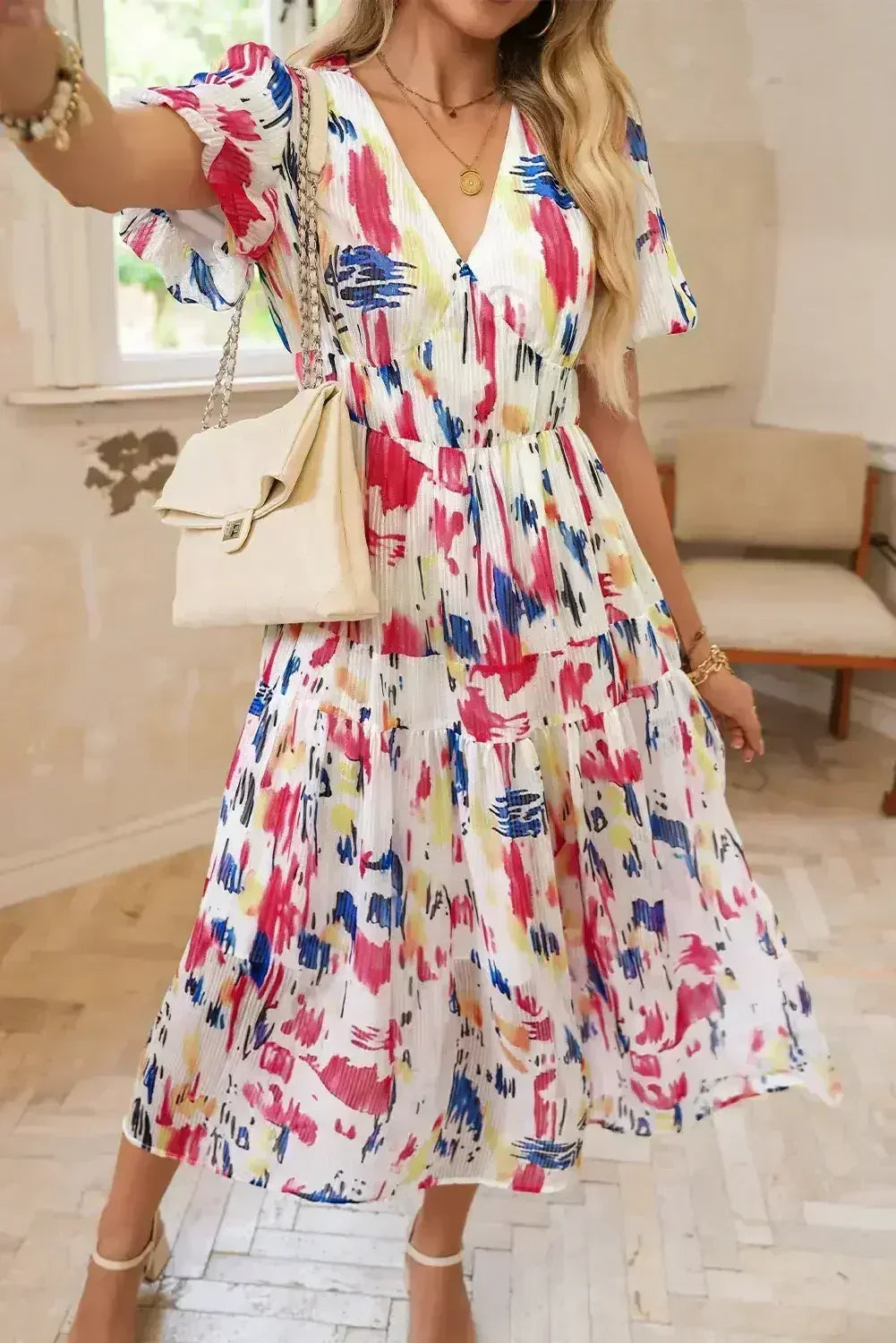 Sky Blue Abstract Print Short Puff Sleeve Tiered Maxi Dress - Femstylo