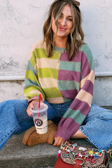 Green Stripe Colorblock Drop Shoulder Ribbed Edge Sweater