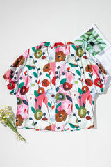Pink Floral Print Boho Pop of Color Neckline Blouse