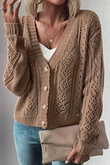 Dark Khaki Cardigan – Open Knit Drop Shoulder Sweater | Cotton-Acrylic Blend - Femstylo