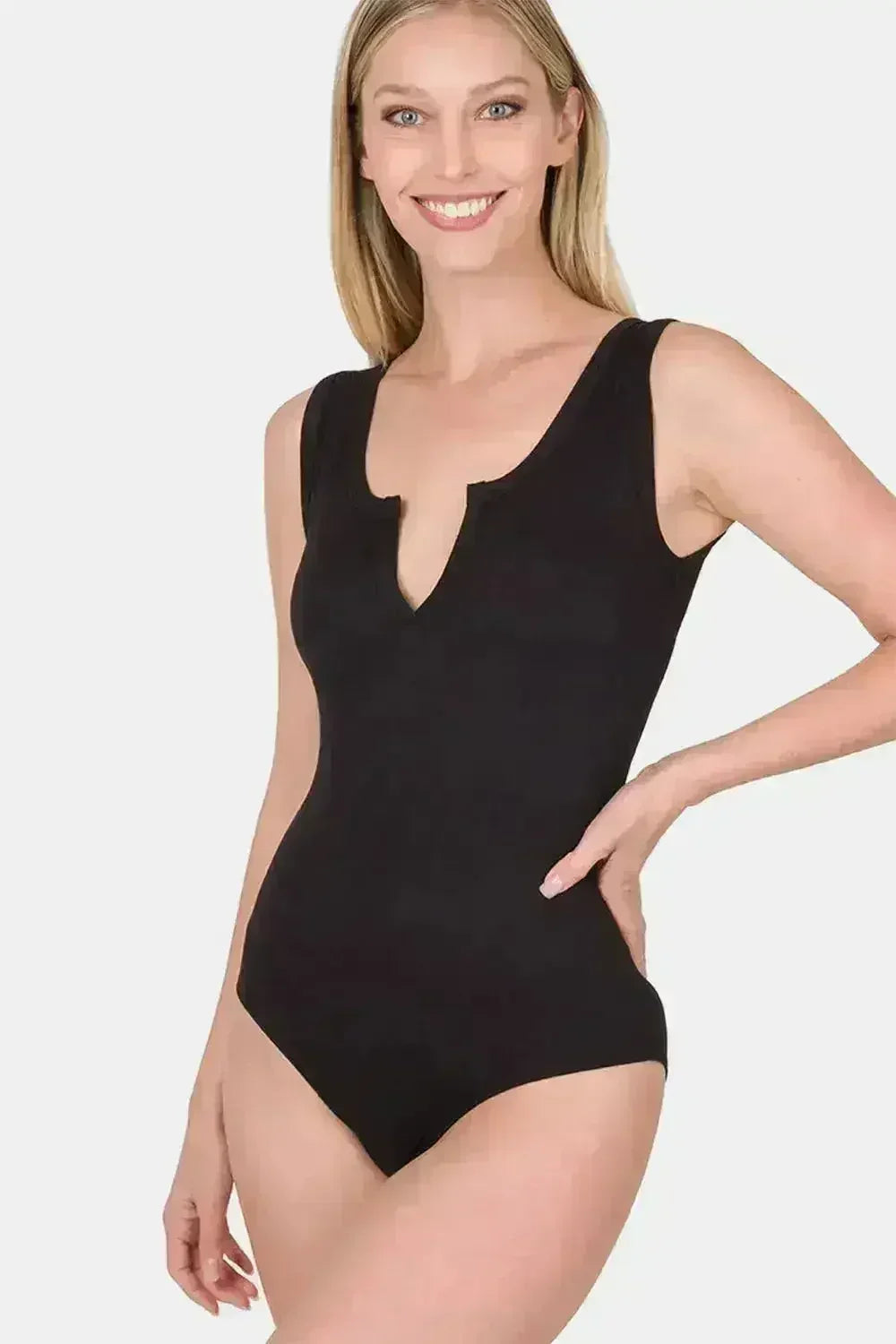 Zenana Microfiber Notched Sleeveless Bodysuit - Femstylo