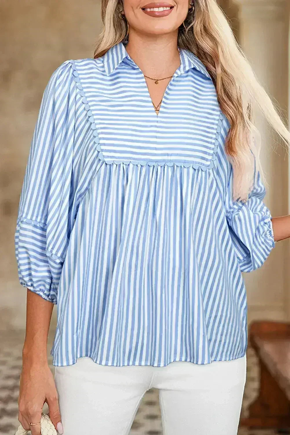 Sky Blue Striped Ric Rac Trim Collared V Neck Blouse - Femstylo